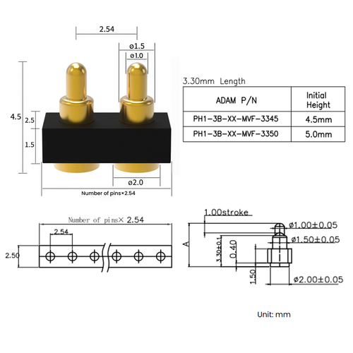 Metabee Spring Loaded Pago Pin Connector, 1 Row, 3 Contacts, 4.5mm Height, SMT, 2.54mm pitch