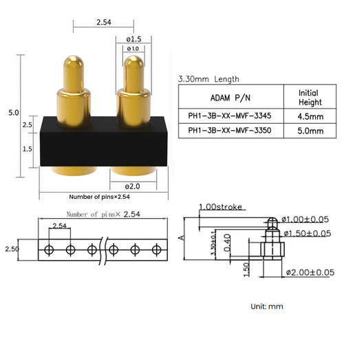 Metabee Spring Loaded PCB Mount Connector, Single Row, 2 Conacts, 5mm Height, SMT, 2.54mm pitch