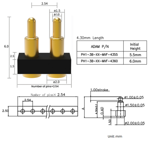 Metabee 3 pin Pogo Pin Connector,  1 Row, 6mm Height, Surface Mount, 2.54mm pitch