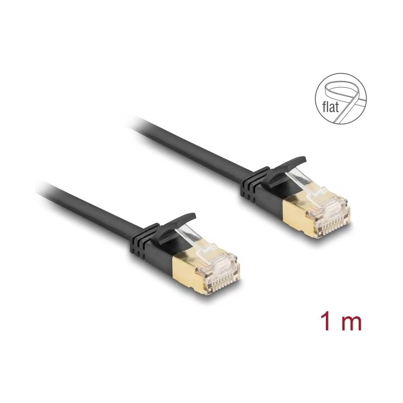DELOCK Cat7 フラット イーサネット ケーブル、RJ45 プラグツープラグ、堅牢なラッチ付き、32 AWG、U/FTP、1 m