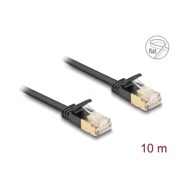 DELOCK Cat7 フラット イーサネット ケーブル、RJ45 プラグツープラグ、堅牢なラッチ付き、32 AWG、U/FTP、10 m