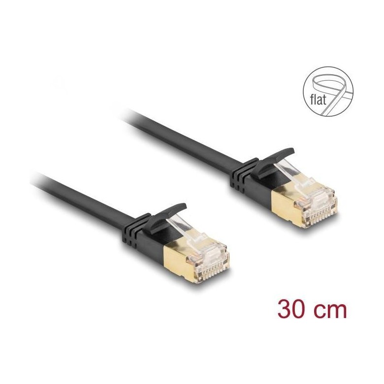 DELOCK Cat7 フラット イーサネット ケーブル、RJ45 プラグツープラグ、堅牢なラッチ付き、32 AWG、U/FTP、0.3 m