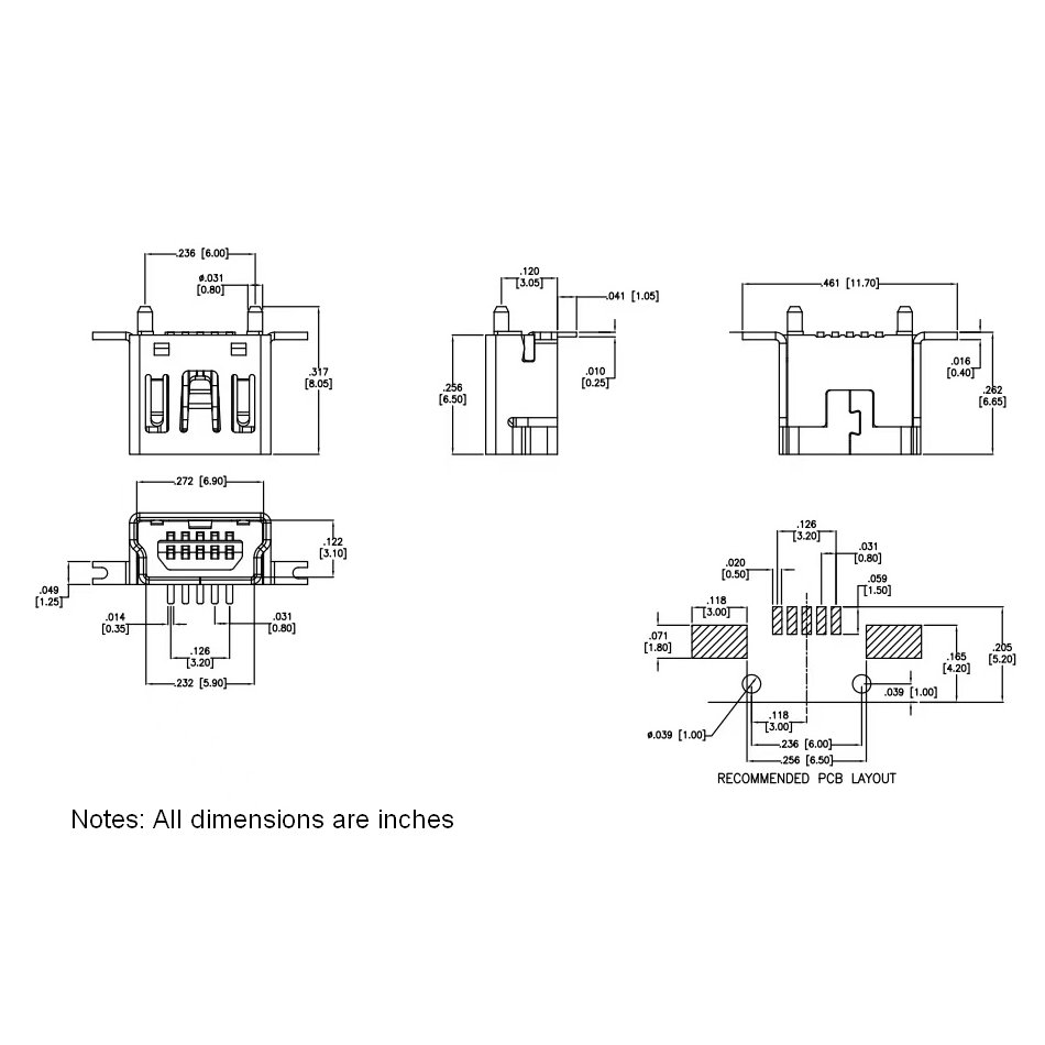 METABEE Mini USB Type-B 5-Pin Receptacle, PCB Mount, True SMT, Vertical