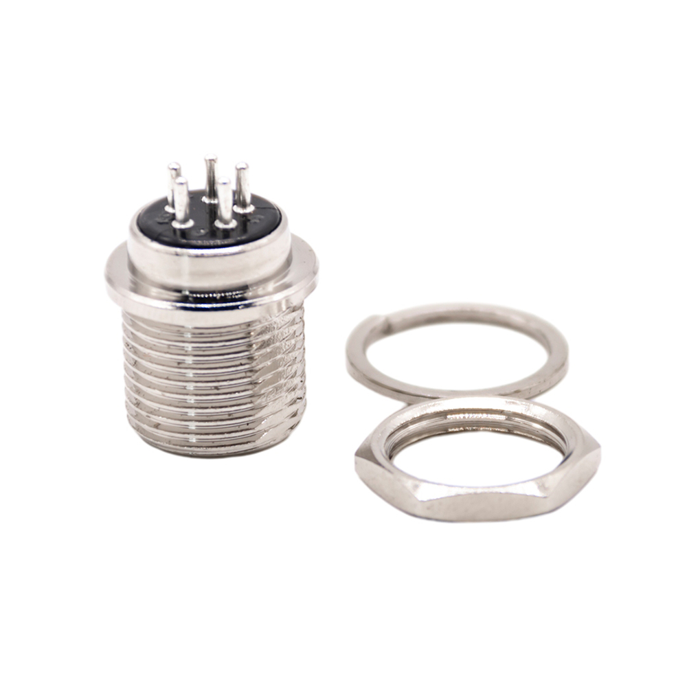 GX16 Standard Type 5Pin Male Straight Socket Threaded Panel Mount Front Side Nut Solder Silver