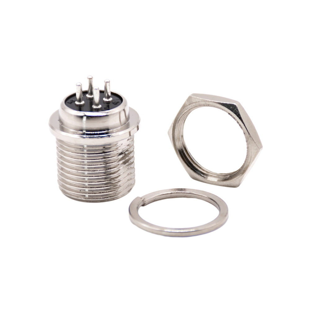 GX16 Standard Type 4Pin Male Straight Socket Threaded Panel Mount Front Side Nut Solder Silver