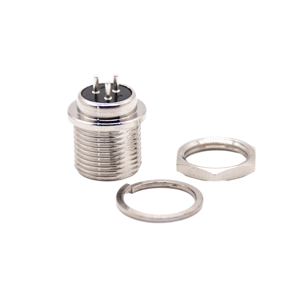 GX16 Standard Type 3Pin Male Straight Socket Threaded Panel Mount Front Side Nut Solder Silver