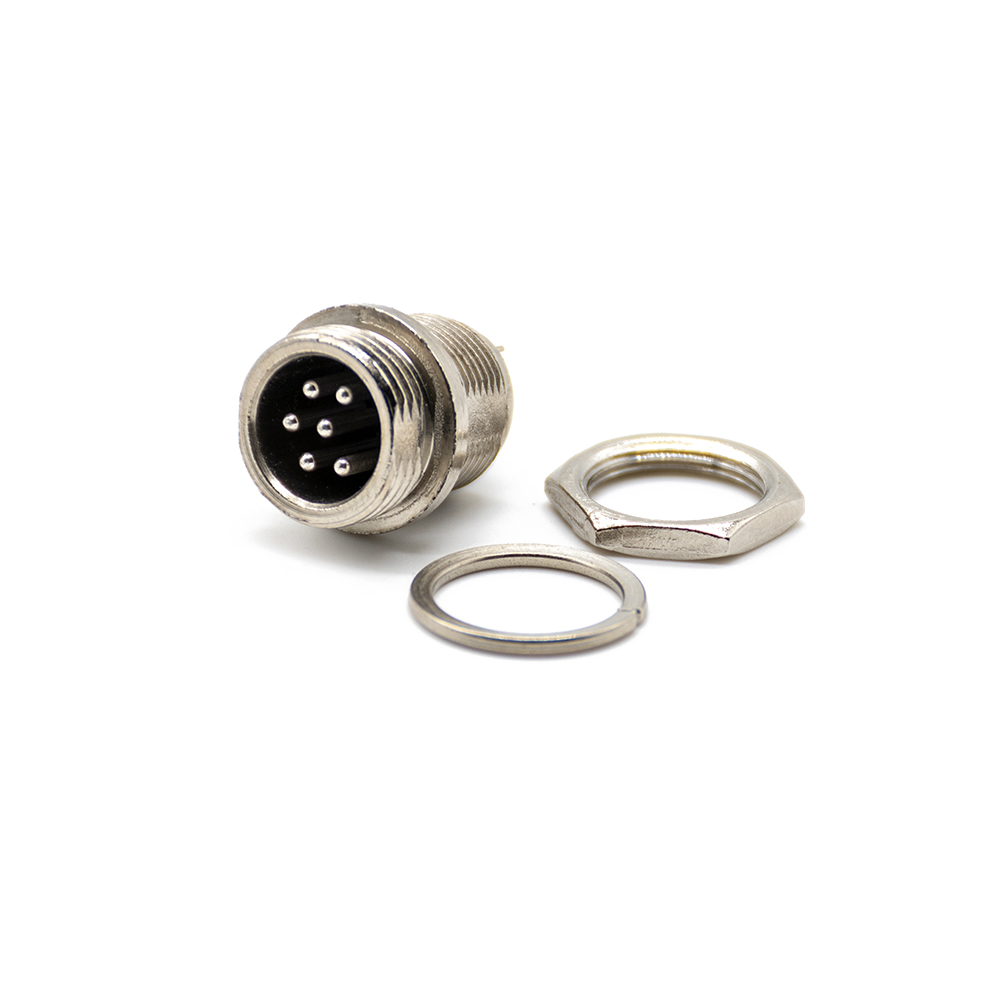 GX12 Standard Type 6Pin Male Straight Socket Threaded Cable Mount  Solder Silver
