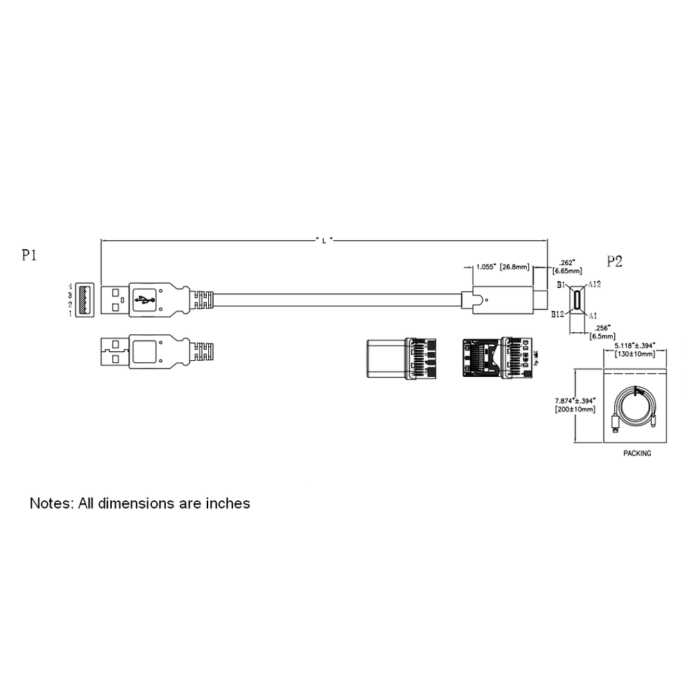 METABEE USB Type-A プラグ - USB 3.1 Type-C プラグ ケーブル、24 AWG/28 AWG、ホワイト、1 フィート