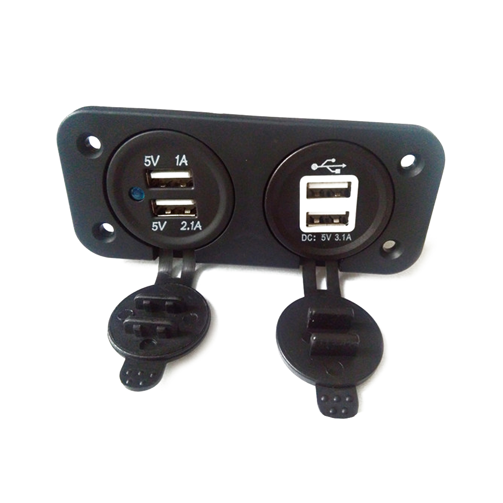 USB 车载充电器插座面板，5V 3.1A 4 端口，带蓝色 LED 指示灯