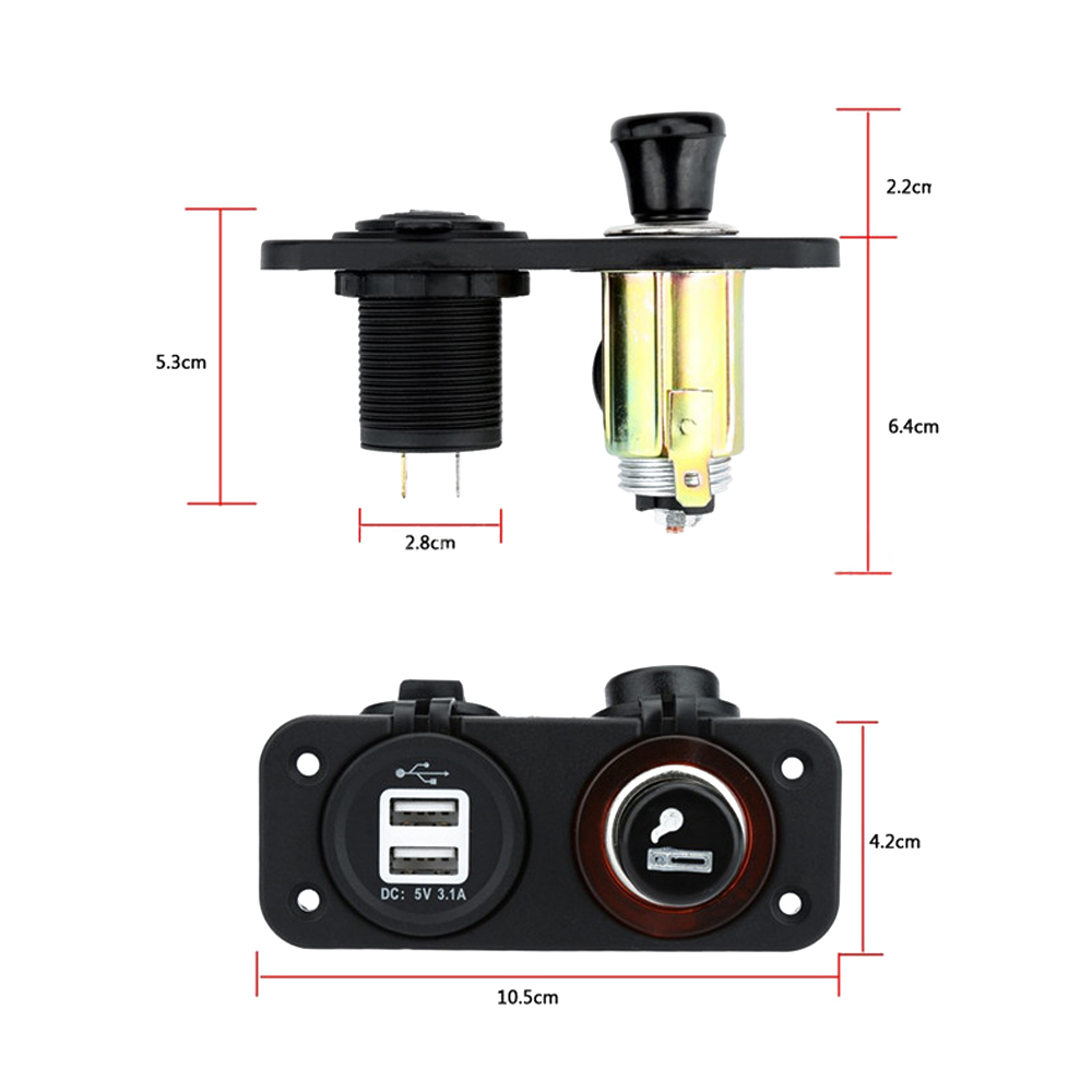 USB 车载充电器插座面板，5V 3.1A & 电源插座 3 端口