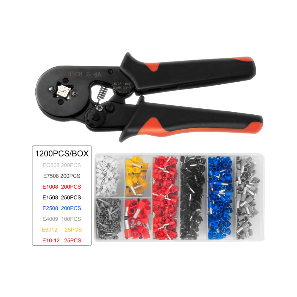 Crimping Tool Set, HSC8 6-4A & 1200 PCS Terminals, 0.25-10.0mm², Black & Orange, Terminal Crimper
