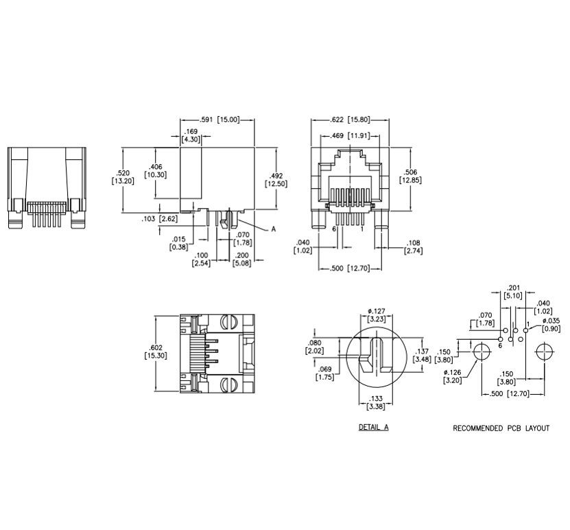Metabee Single Port RJ45 Modular Jack, 8P6C, THT, Tab-Up, Unshielded, R/A