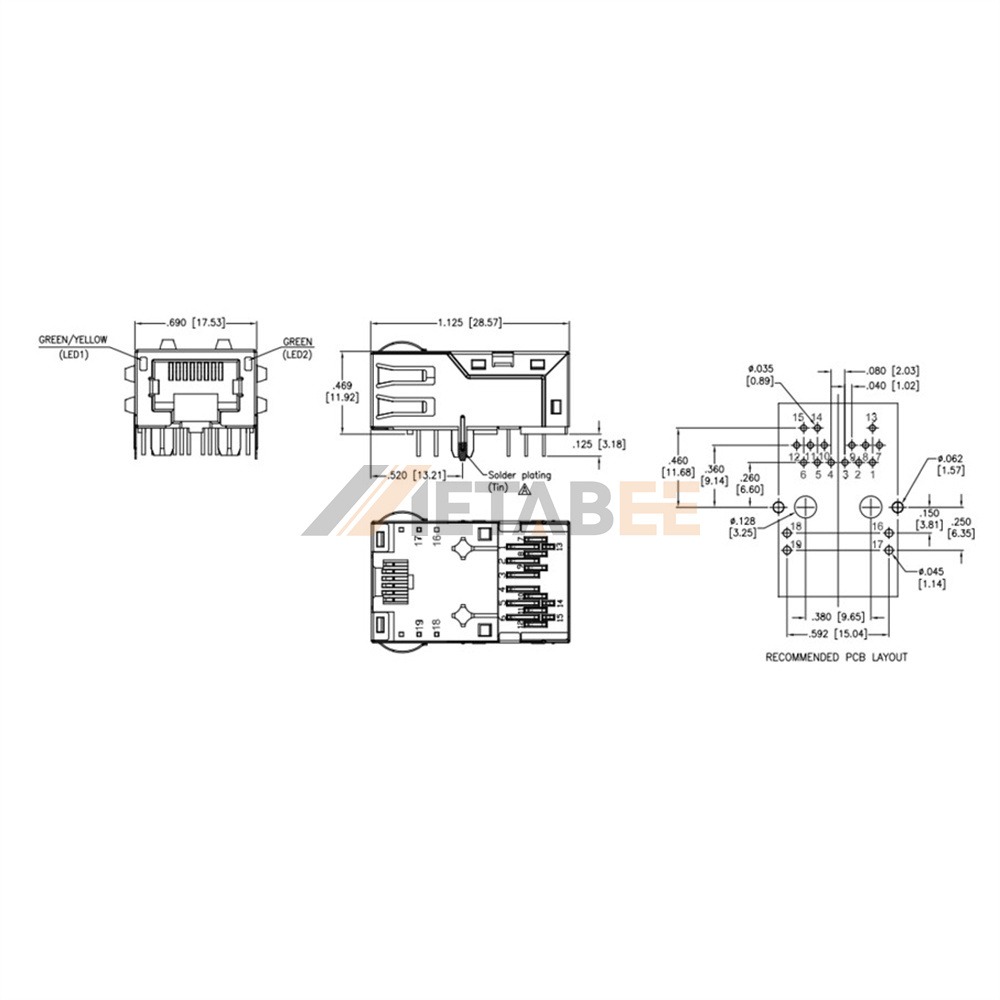 METABEE RJ45 Modular Jack, 1×1port, 10G Base-T, with LED, THT, Tap-Down, Shielded, R/A