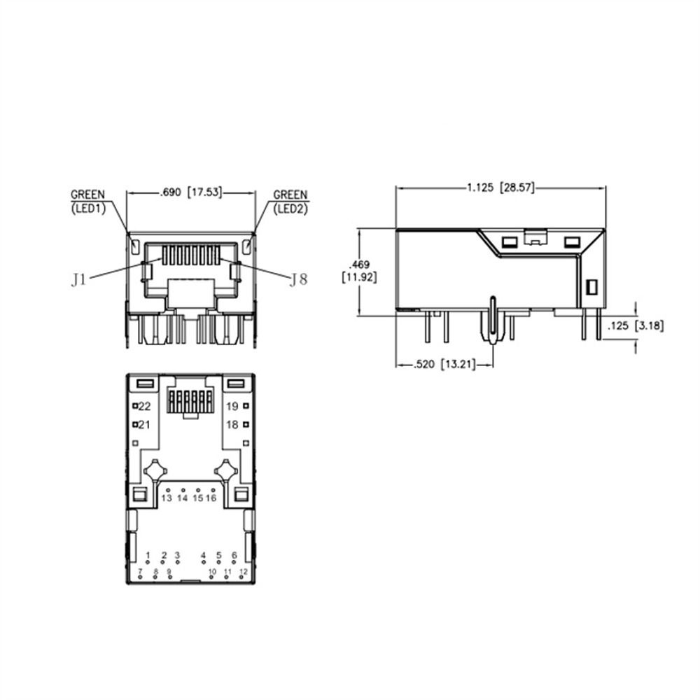 METABEE RJ45 Modular Jack, 1×1port, 25G Base-T, with LED, THT, Tap-Down, Shielded, R/A