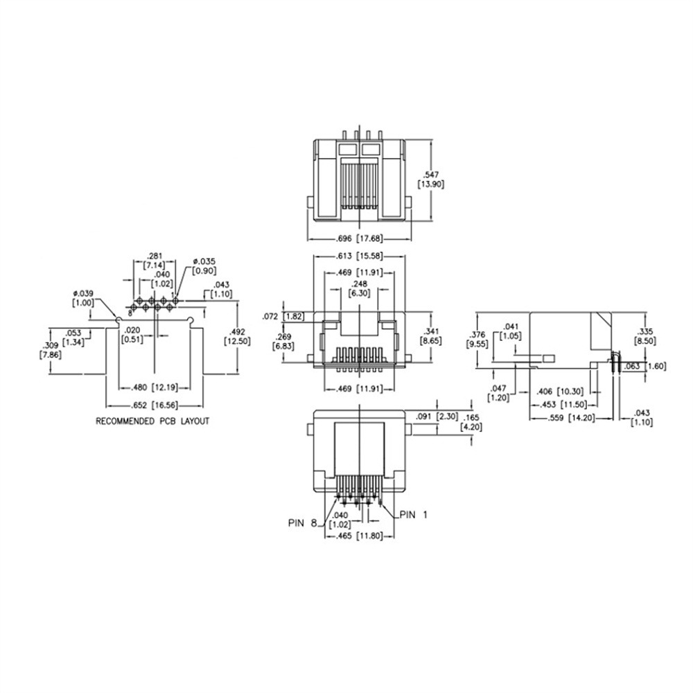 METABEE RJ45 Modular Jack Connectors, 1×1port, THT, Tap-Up, Unshielded, R/A