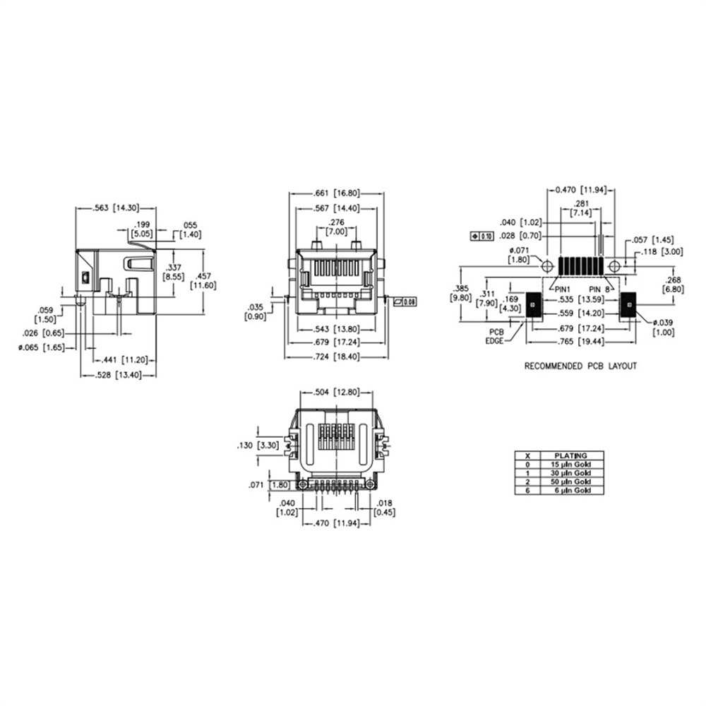 METABEE Modular Jack RJ45 Connectors, 1×1port, SMT, Tap-Down, Unshielded, R/A