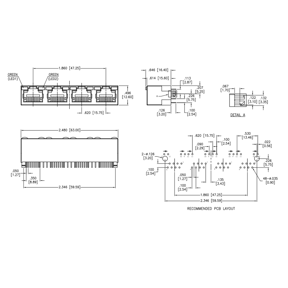 Metabee RJ45 8P8C multi-port Modular Jack, 1×4, Ganged, Tap-Up, Unshielded, R/A