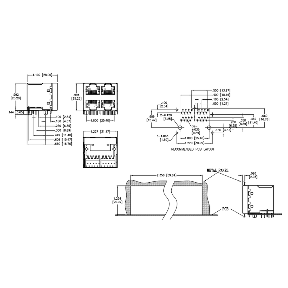 METABEE RJ45 Mag Jack, 2*2 포트, 10/100 Base-T, THT, 차폐, R/A