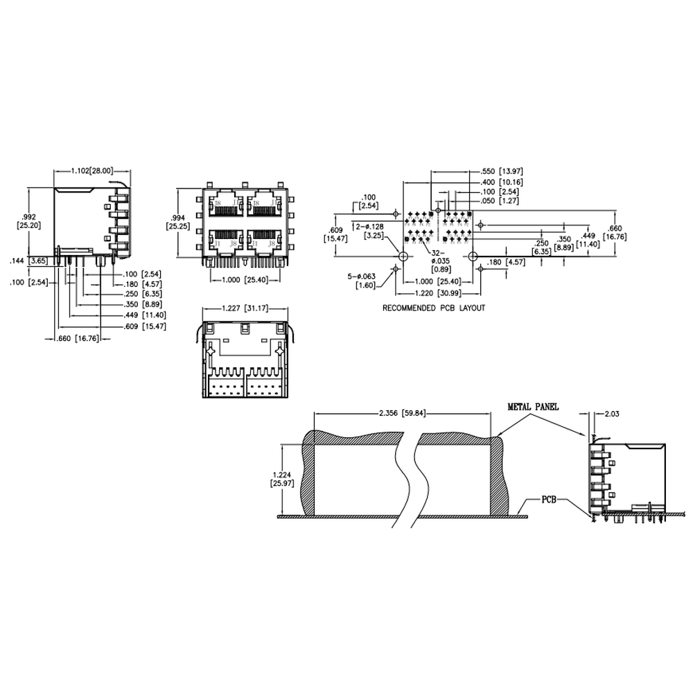 METABEE 마그네틱 잭 RJ45, 2*2 포트, 10/100 Base-T, THT, 차폐, R/A