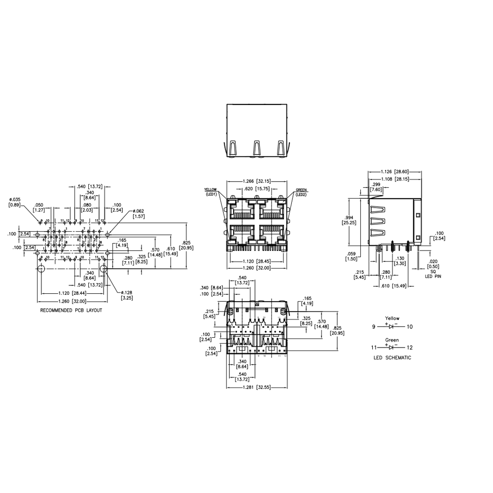 Metabee RJ45 8P8C Modular Jack w/multi-port, 2×2, Stacked, w/ LED, Up&Down, Shielded, R/A