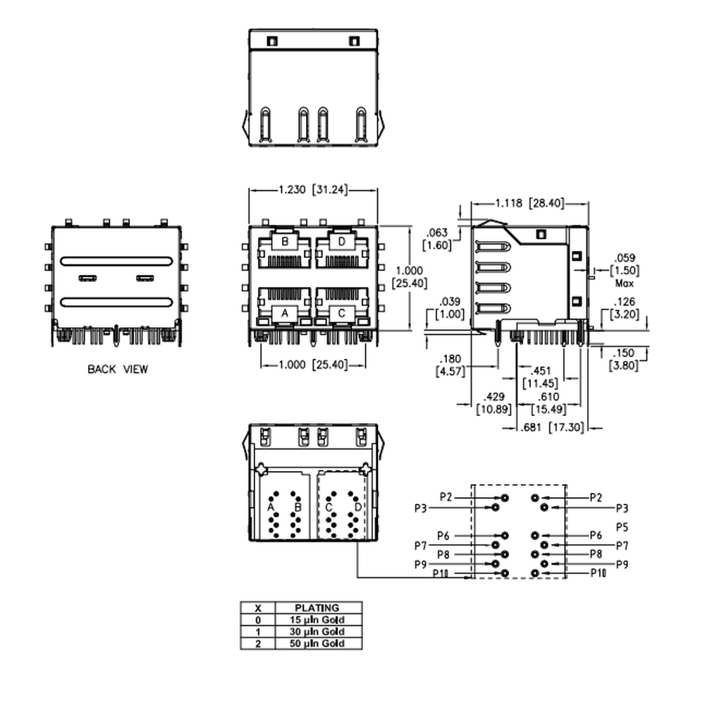 METABEE RJ45 ICM 잭, 2*2 포트, 10/100 Base-T, PoE, 스루홀, 차폐, R/A