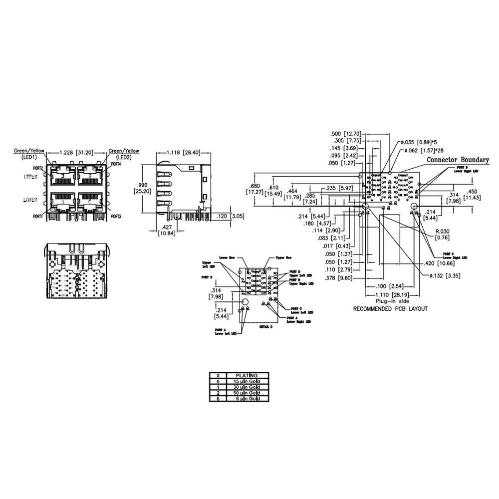 METABEE RJ45 Magjack, 2*2 포트, 1000 Base-T, LED 포함, THT, 차폐, R/A