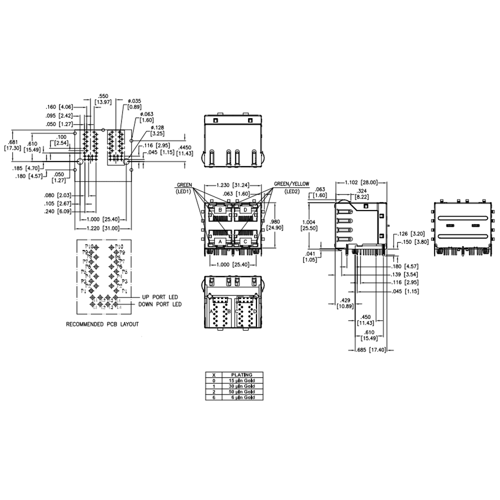 METABEE RJ45 Magjack, 2*2 포트, 1기가비트, LED 포함, THT, 차폐, R/A