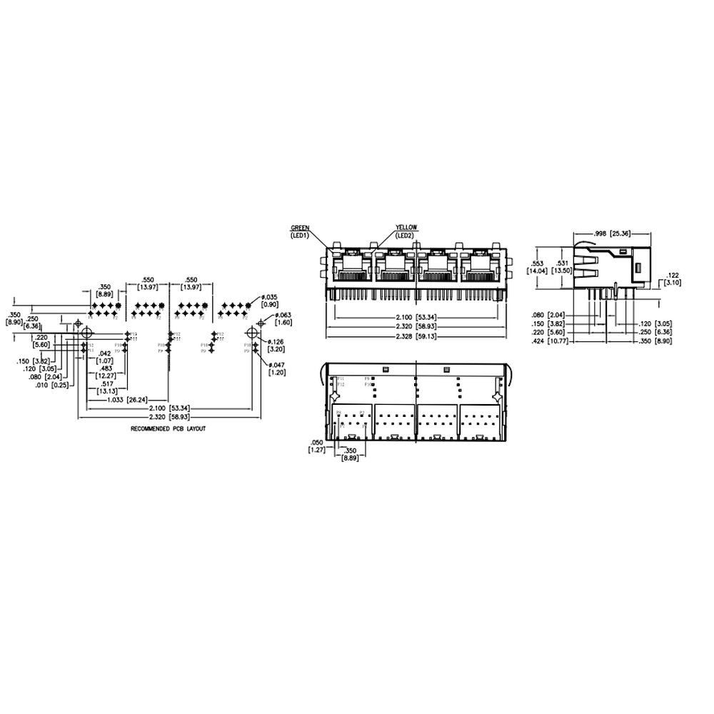 METABEE ICM RJ45 잭, 1*4 포트, 10/100 Base-T, LED 포함, THT, 탭업, 차폐, R/A