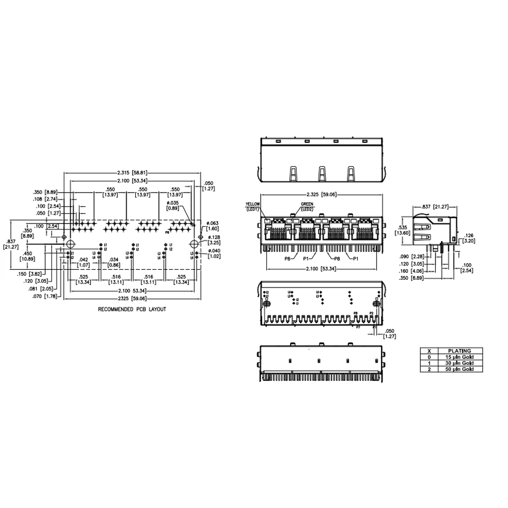 METABEE RJ45 Mag Jack(LED 포함), 1*4포트, 10/100 Base-T, THT, 탭업, 차폐, R/A