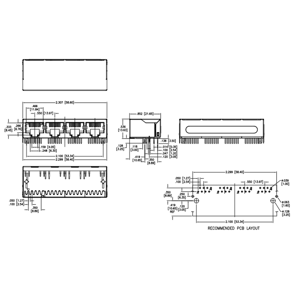 통합 자기 장치가 있는 METABEE RJ45 잭, 1*4 포트, 10/100 Base-T, THT, 탭다운, 차폐, R/A
