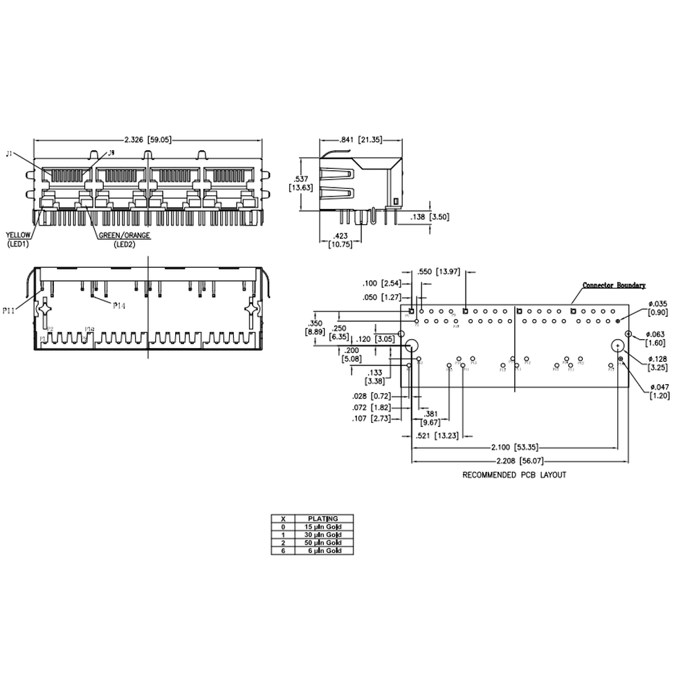 METABEE 마그네틱 잭 RJ45, 1*4포트, 1000 베이스-T, LED 포함, THT, 탭다운, 차폐, R/A