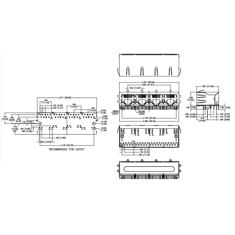 METABEE 마그네틱 RJ45 잭, 1*4 포트, 1G Base-T, LED 포함, THT, 탭다운, 차폐, R/A