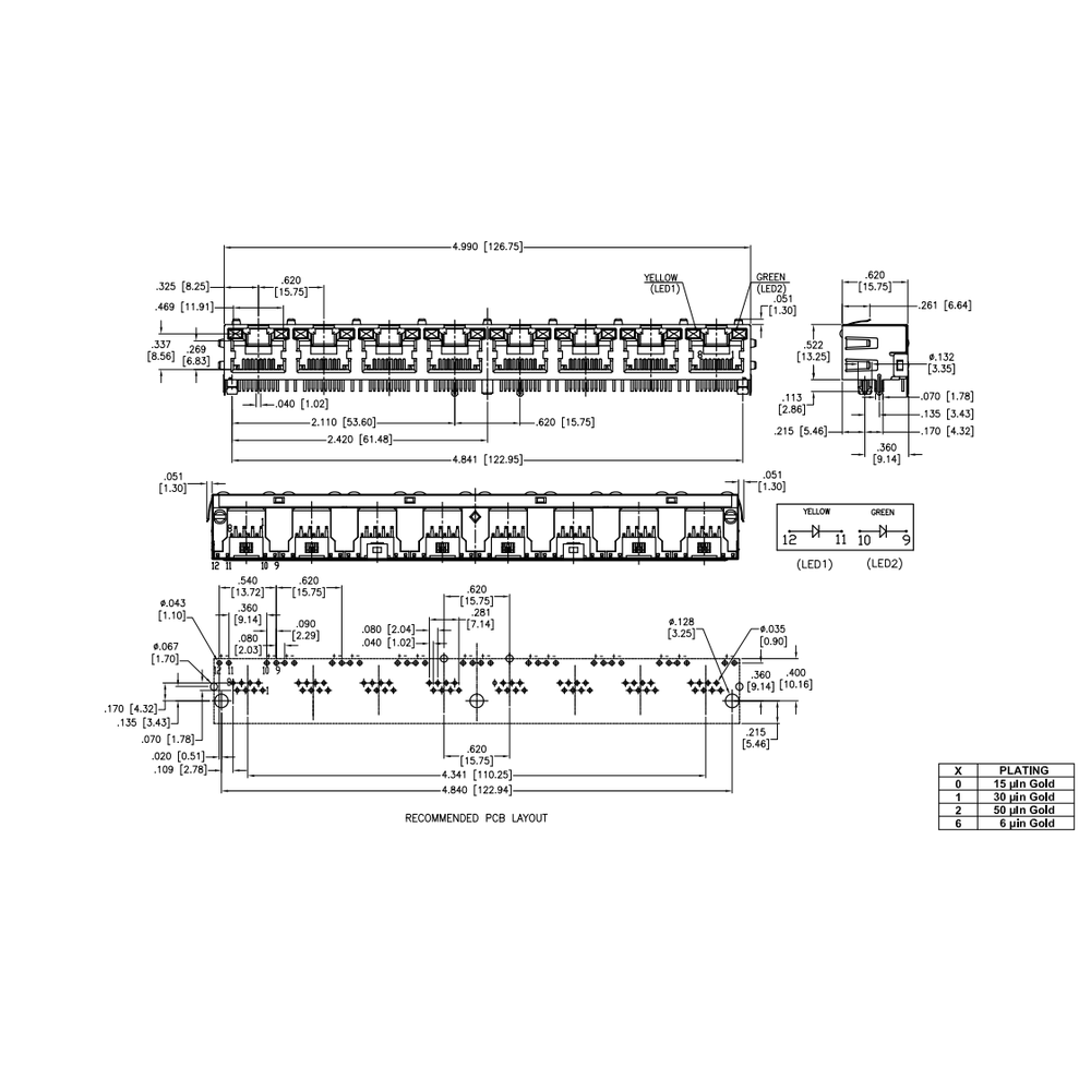 Metabee RJ45 8P8C multi-port Modular Jack, 1×8, Ganged, Tap-Up, w/ LED, Shielded, R/A