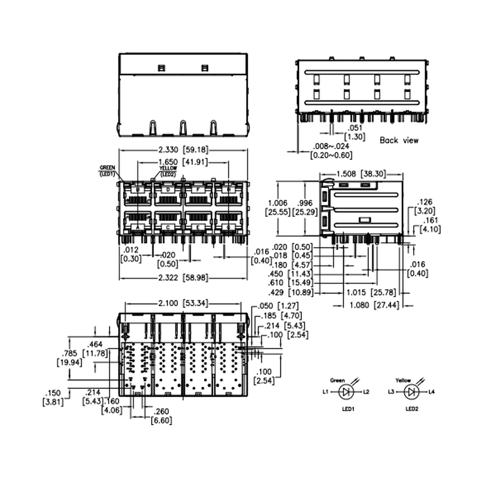 통합 자기 장치가 있는 METABEE RJ45 잭, 2*4 포트, 1기가비트, LED 포함, PoE, THT, 차폐, R/A