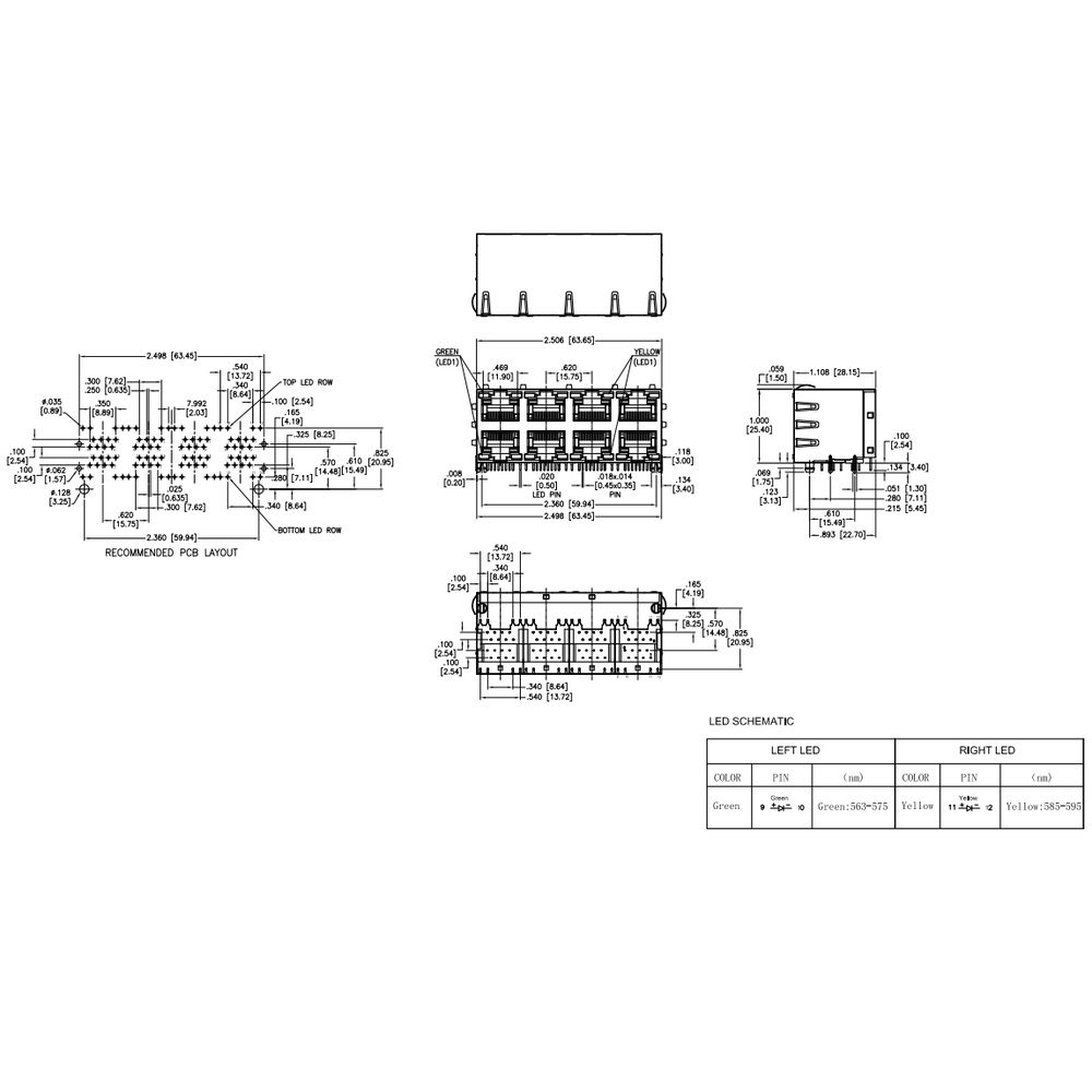 Metabee RJ45 8P8C Modular Jack w/multi-port, 2×4, Stacked, with LED, Up&Down, Shielded, R/A