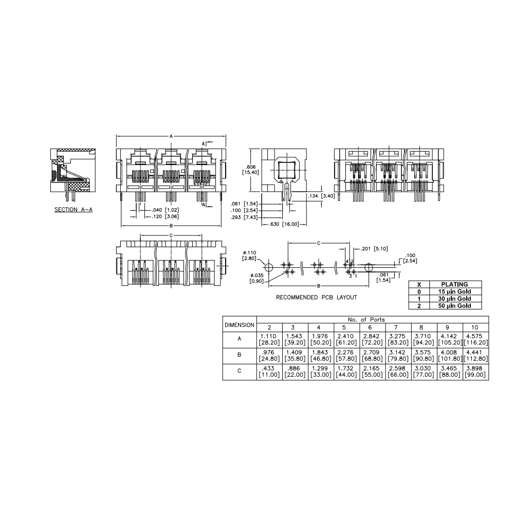 Metabee RJ14 6P4C multi-port Modular Jack, 2 to 10, Stacked, Tap-Up, Unshielded, R/A