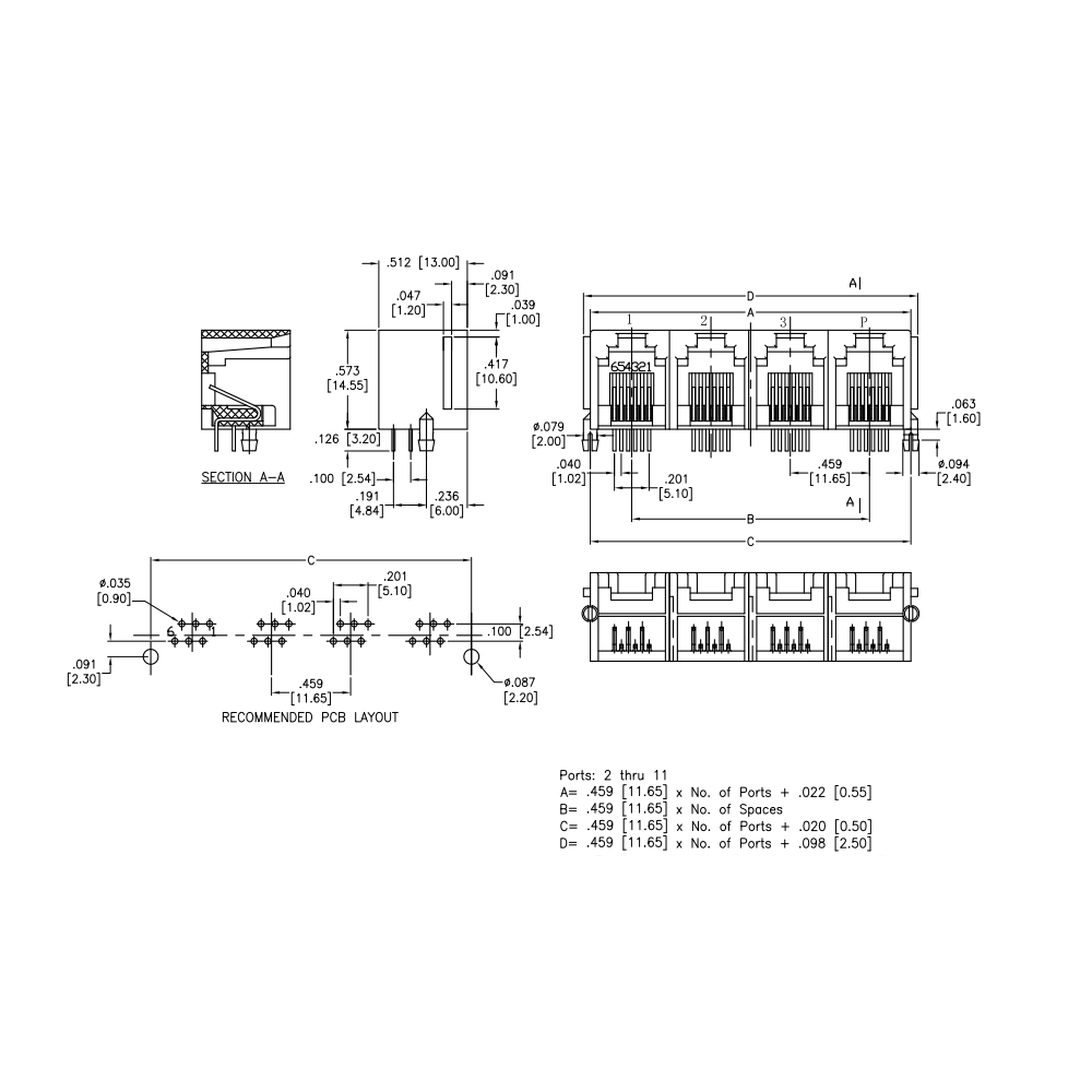 Metabee RJ12 6P6C multi-port Modular Jack, 2 to 11, Stacked, Tap-Up, Unshielded, R/A