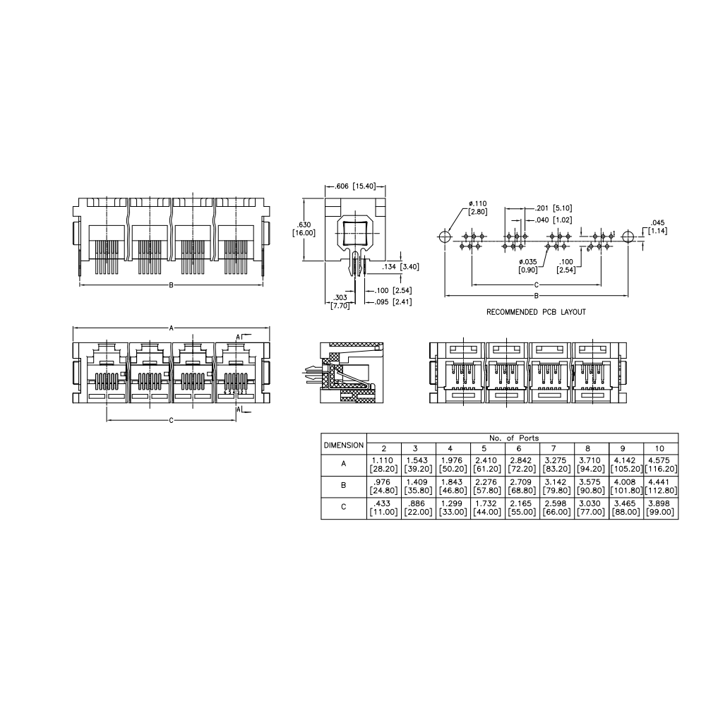 Metabee RJ12 6P6C multi-port Modular Jack, 2 to 10, Stacked, Tap-Up, Unshielded, R/A