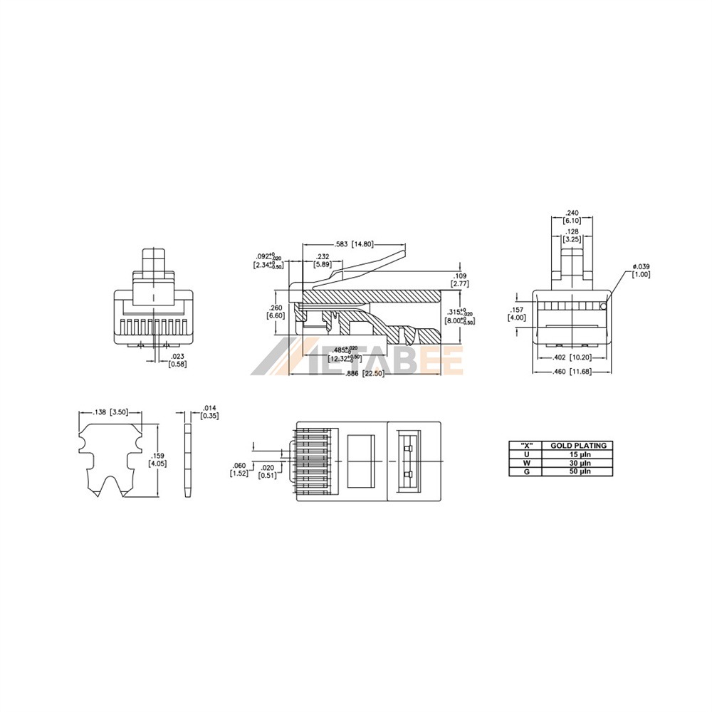 Metabee RJ50 10P10C Modular Plug for Stranded Flat Cable, Unshielded, Cat3, 24-26AWG