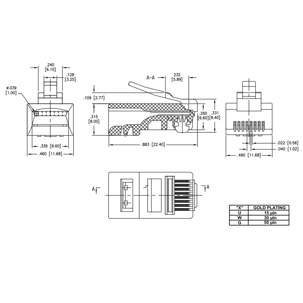 Metabee RJ45 8P8C Modular Plug for Solid Round Cable, Unshielded, Cat5e