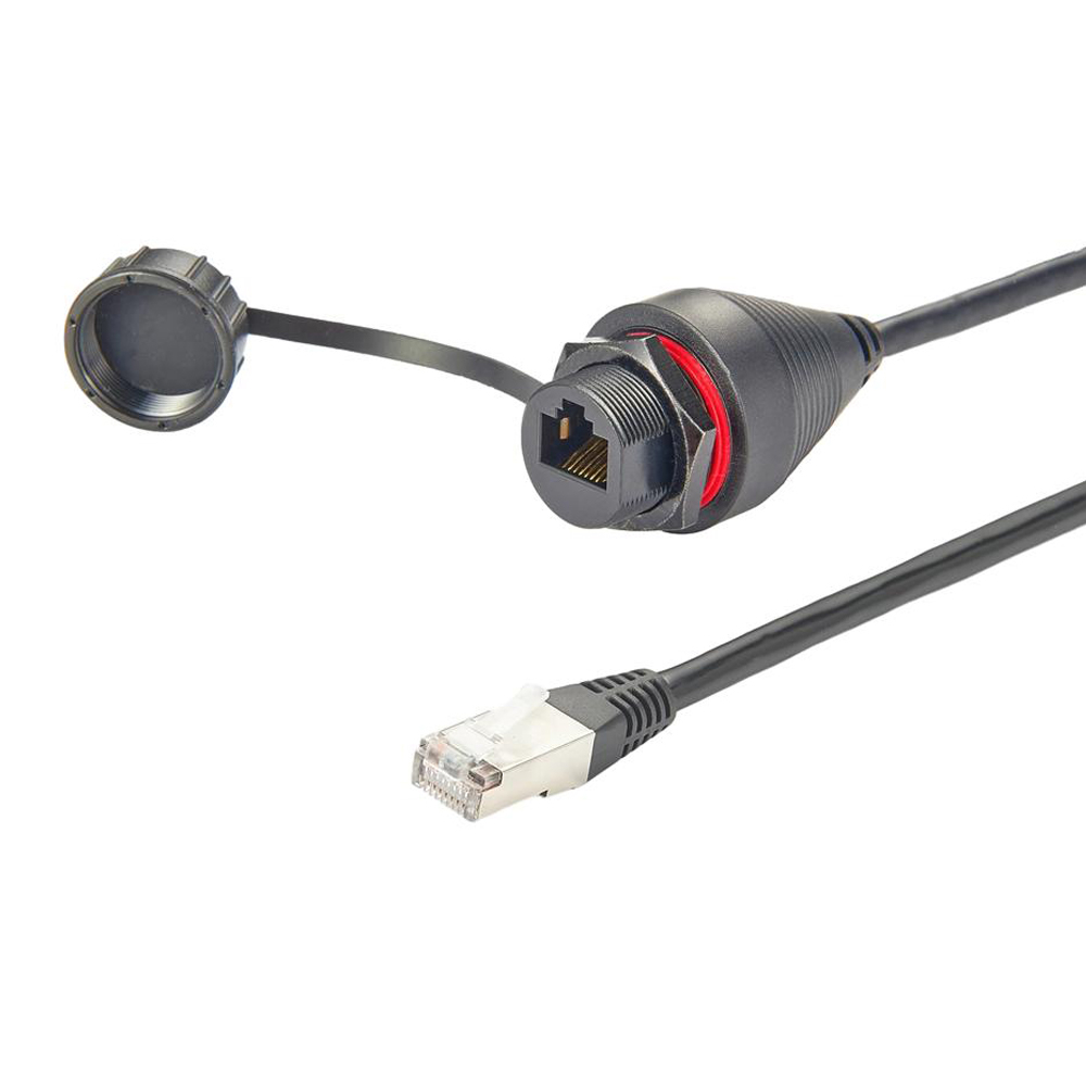 J45 to J45 IP67 Waterproof Panel Mount Ethernet RJ45 Extension Cable With 30cm Round Black Cable