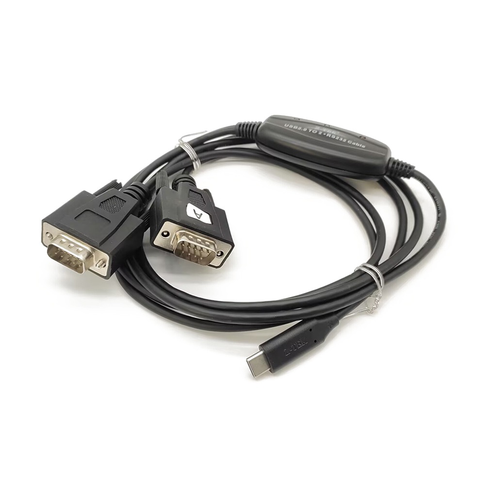 USB C to DB9 2 ポート RS232 シリアル ケーブル 150cm ラウンド スプリット ブラック ケーブル付き