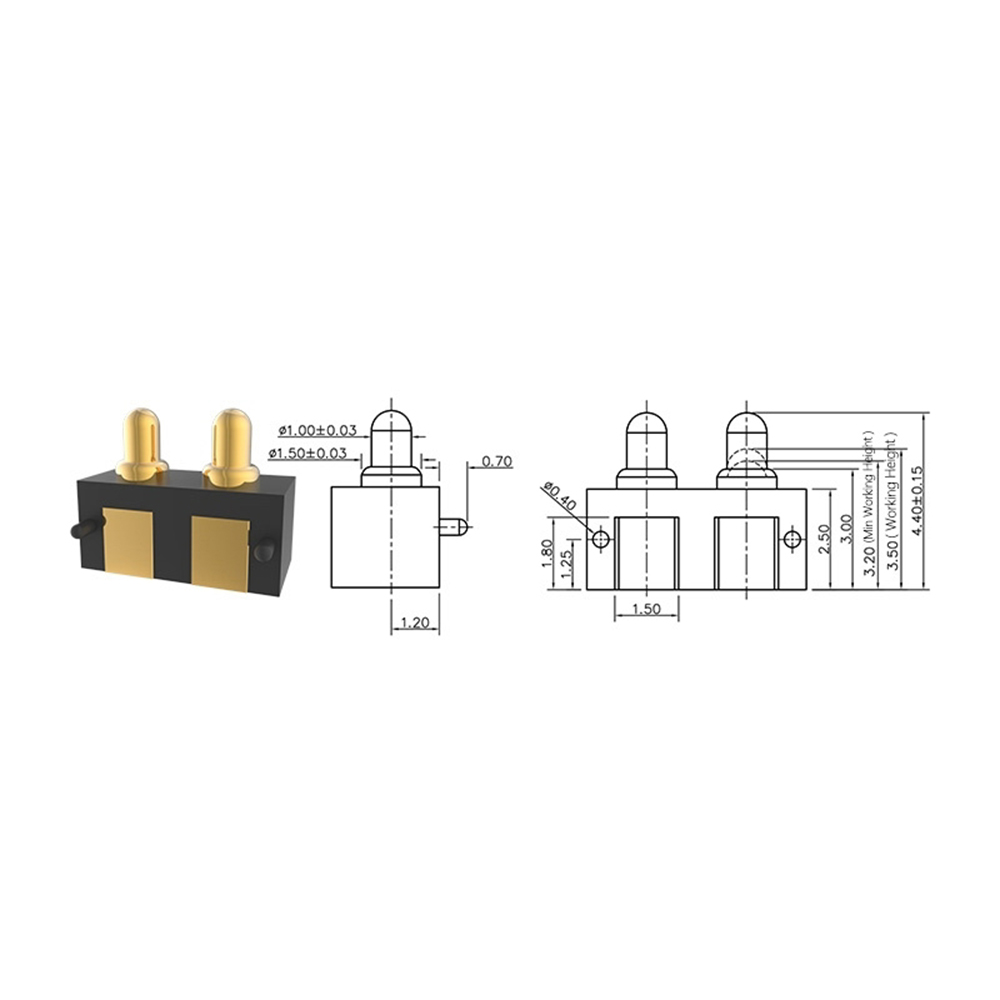 포고 핀 12V 1A 2핀 2.1x4.4 간격 2.5mm 금도금 3u 재질 황동 C3604 작동 높이 3.5mm