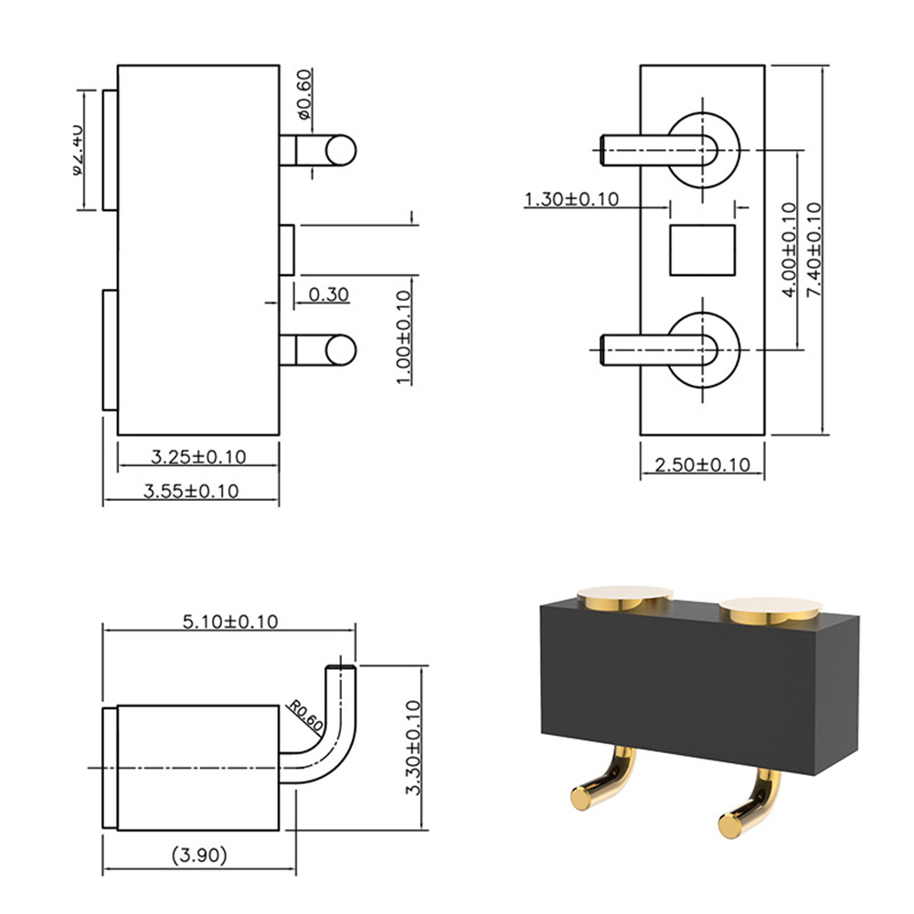 포고 핀 12V 1A 2핀 2.4x5.1 굴곡부 0.6x1.55 간격 4.0mm 금도금 1u