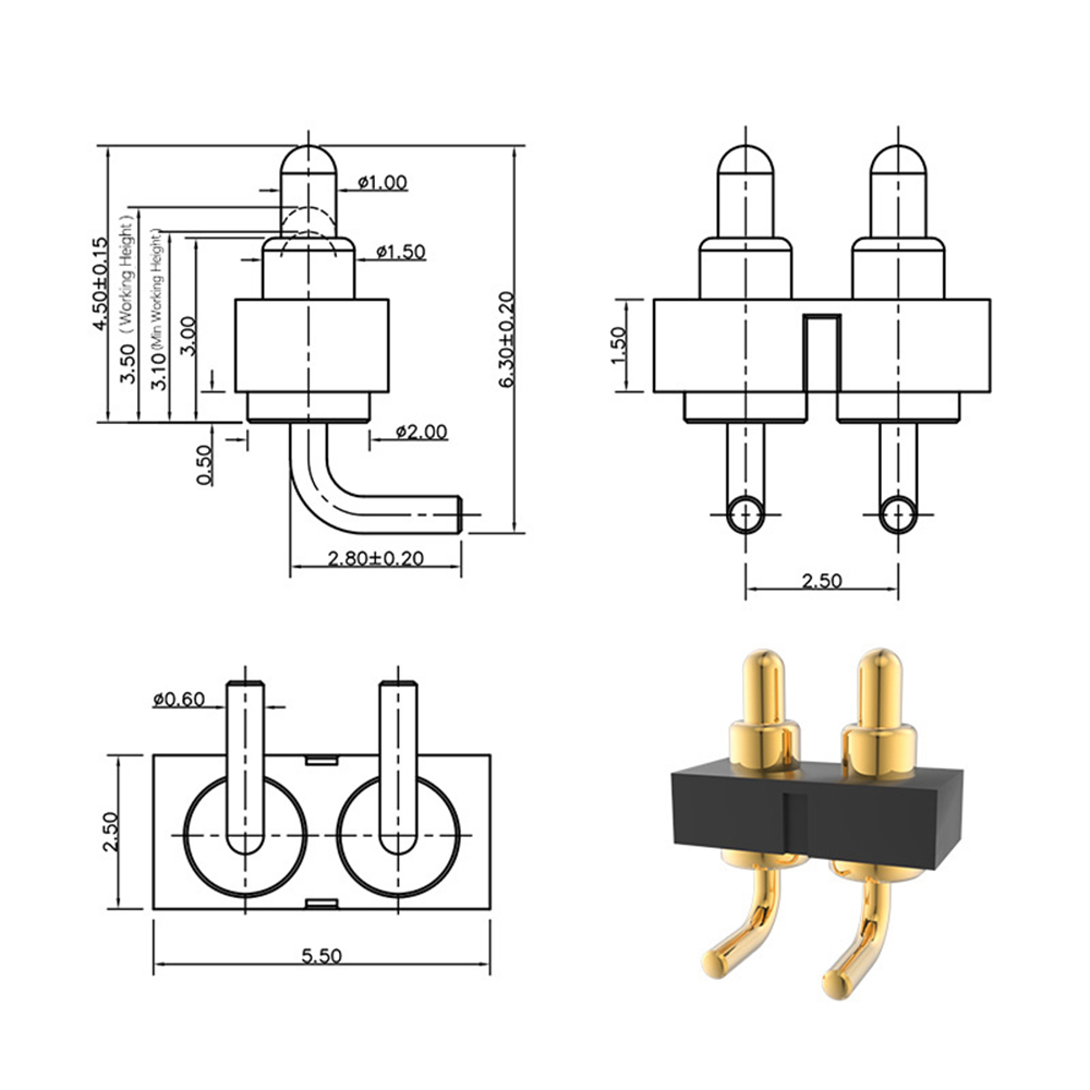 포고 핀 12V 1A 2핀 2.0x6.3 굴곡부 0.6x1.8 간격 2.5mm 금도금 3u 재질 황동 작업 높이 3.5mm