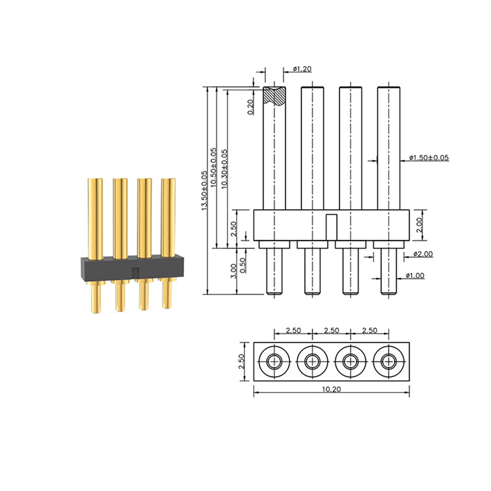 포고 핀 12V 1A 4핀 2.0x13.5 테일 1.0x3.0 간격 2.5mm 금도금 3u 재질 황동 C3604