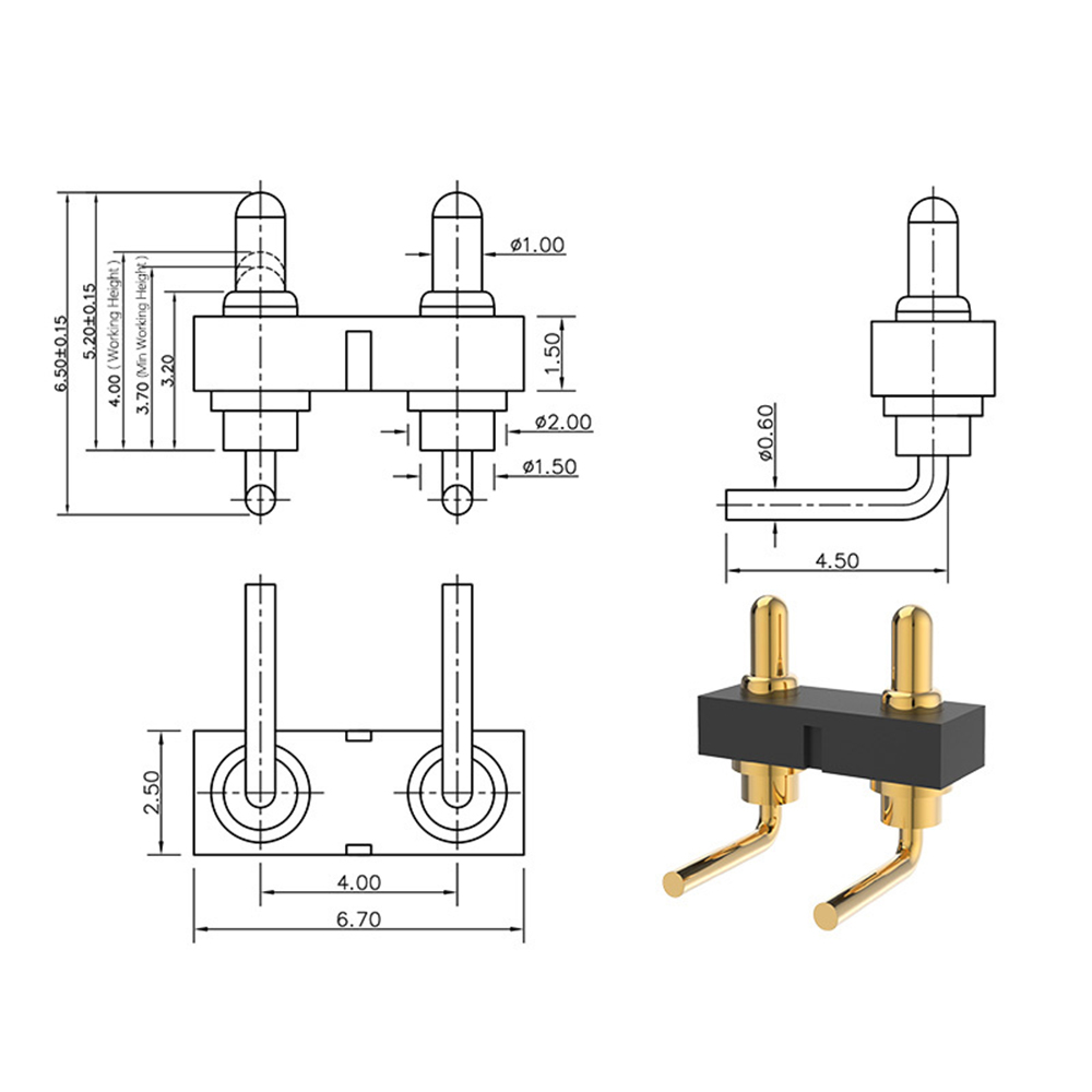 포고 핀 12V 1A 2핀 2.0x6.5 굴곡부 0.6x1.6 간격 4.0mm 금도금 3u 재질 황동 작업 높이 4.0mm