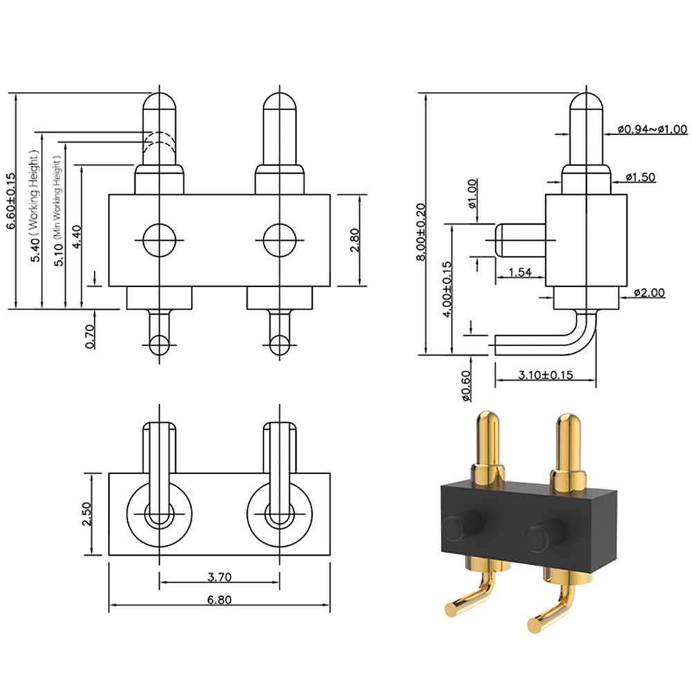 포고 핀 12V 3A 2핀 2.0x8.0 굽힘 부분 0.6x1.4 간격 3.7mm 금 도금 3u 재질 황동 작업 높이 5.4mm