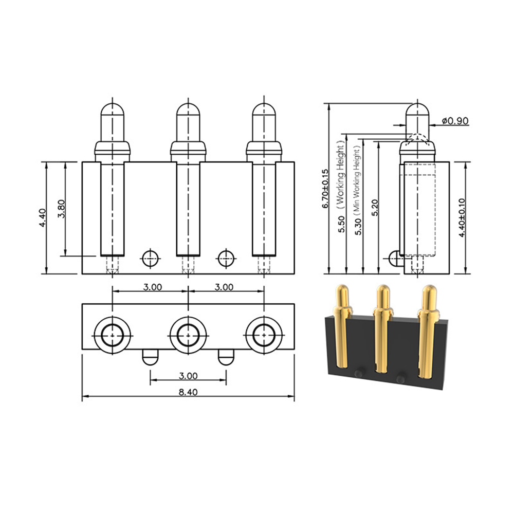포고 핀 12V 2A 3핀 1.4x6.7 간격 3.0mm 금도금 3u 재질 황동 C3604 작업 높이 5.5mm