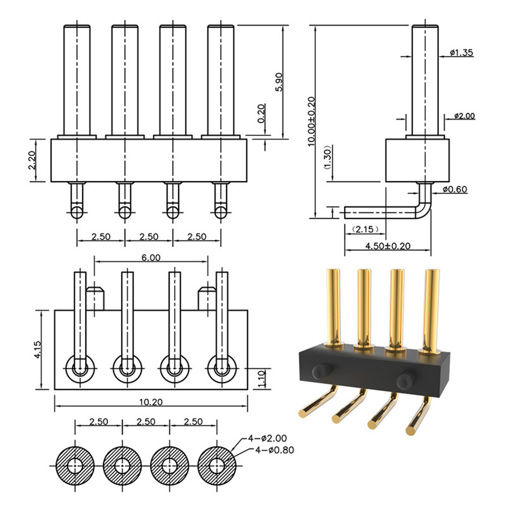 포고 핀 12V 1A 4핀 1.7x10.3 굴곡부 0.6x6.15 간격 2.5mm 금도금 3u